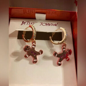 BETSEY JOHNSON Christmas Holiday Gingerbread Crystals Huggy Hoop Earrings NWT